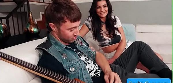  Sexy brunette big tit milf Becky Bandini seduces guitar guy and suck his hard huge cock